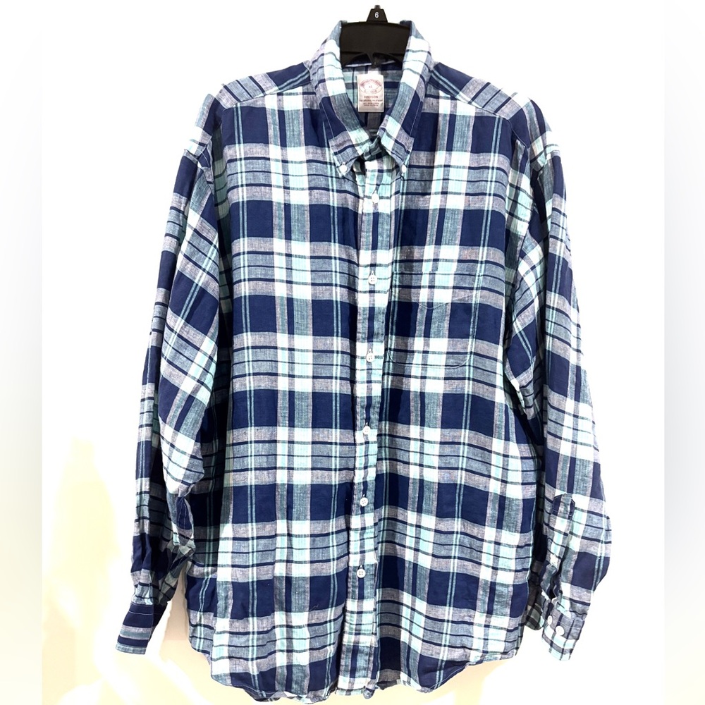 Brooks Brothers Men's Madison 100% Linen Blue Plaid Button Down Shirt